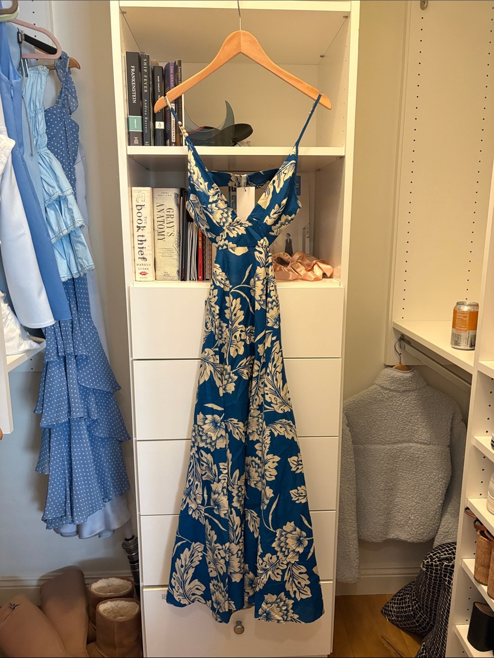 Zara Teal-Blue Floral Maxi Dress with Cream Print